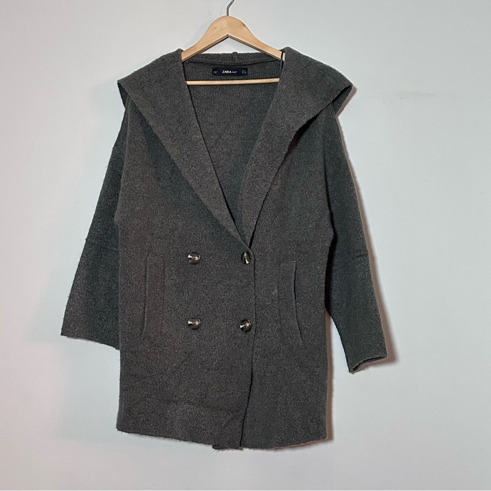Zara Knit Charcoal Gray Teddy Button Front Hooded Sweater Jacket Size Small